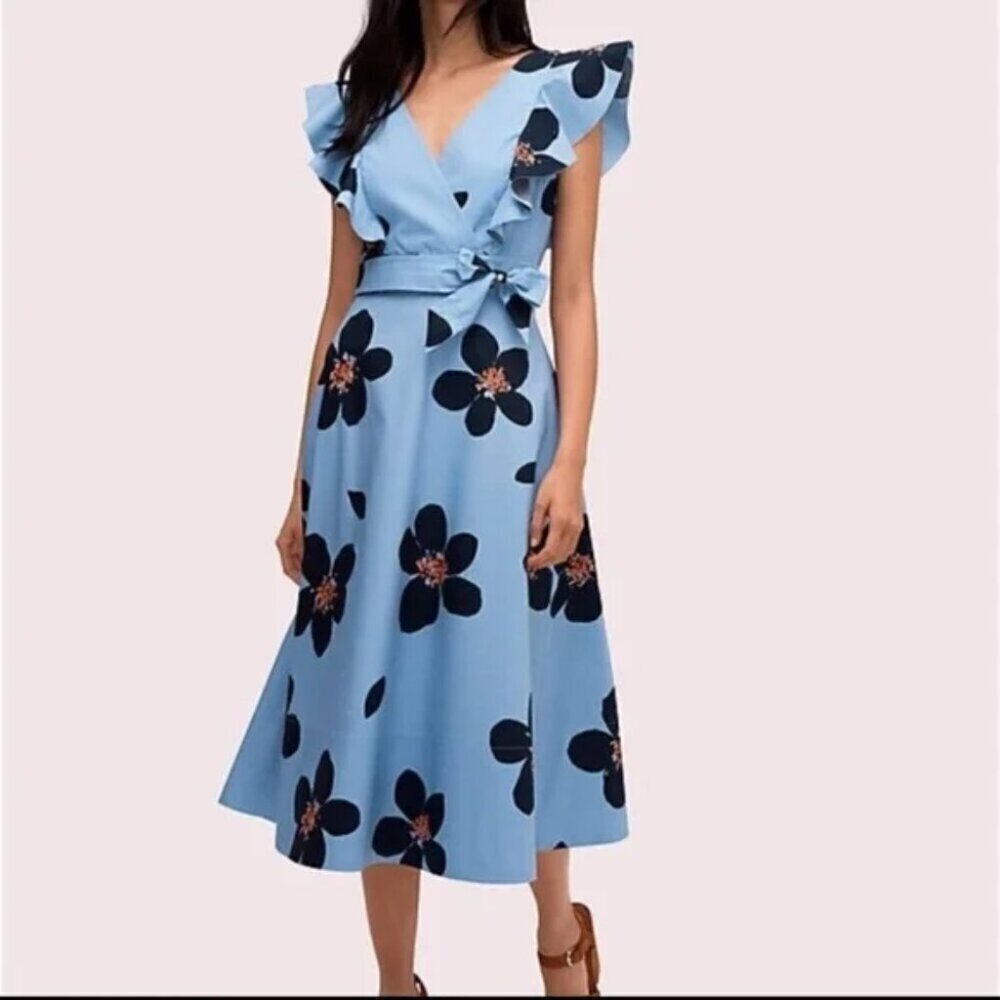 Kate Spade Grand Flora Poplin Midi Dress NWT Blue Heron Size 0